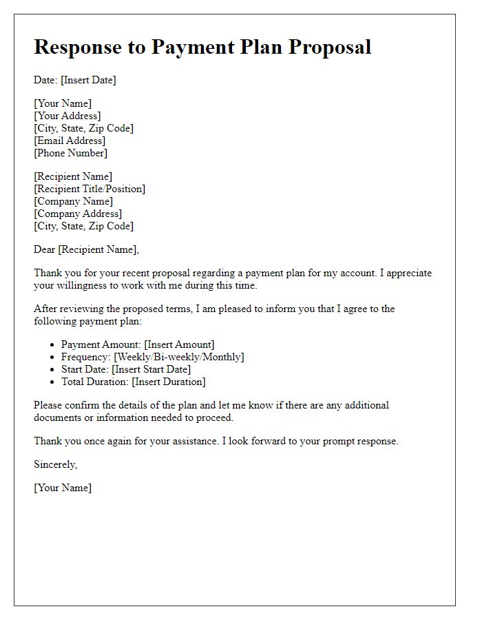 Letter template of Response to Payment Plan Proposal