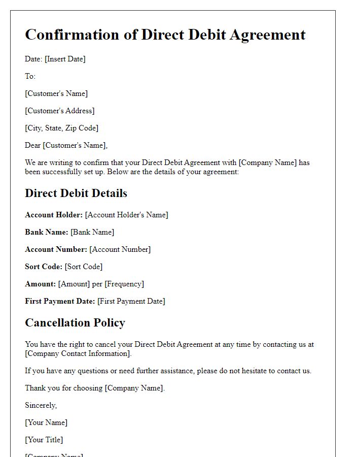 Letter template of Confirmation of Direct Debit Agreement