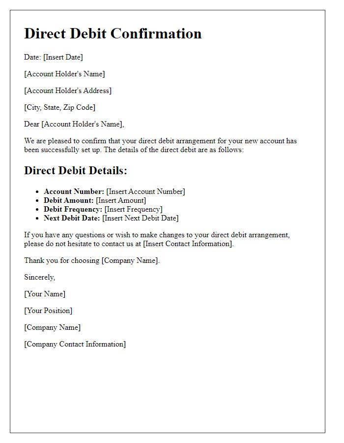 Letter template of Direct Debit Confirmation for New Account Holders