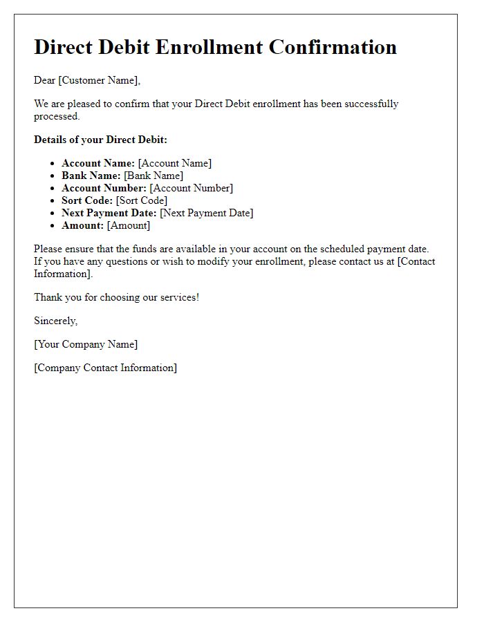 Letter template of Direct Debit Enrollment Confirmation