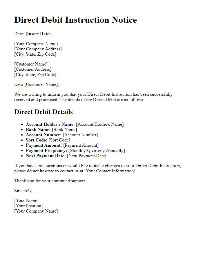 Letter template of Direct Debit Instruction Notice