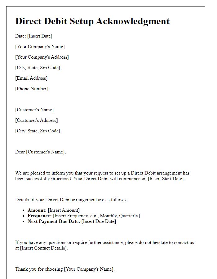 Letter template of Direct Debit Setup Acknowledgment