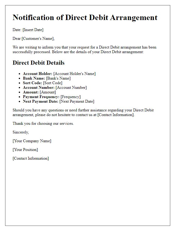 Letter template of Notification for Direct Debit Arrangement