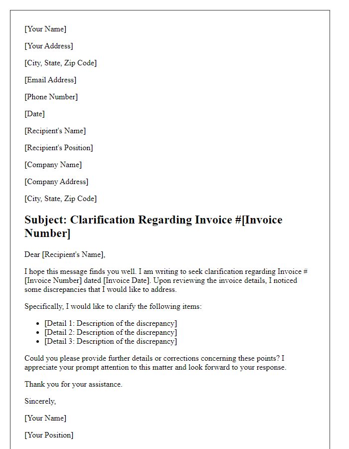 Letter template of clarification regarding invoice details.