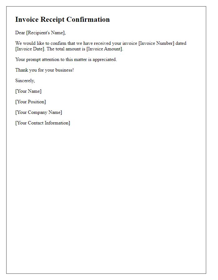 Letter template of confirmation for invoice receipt.