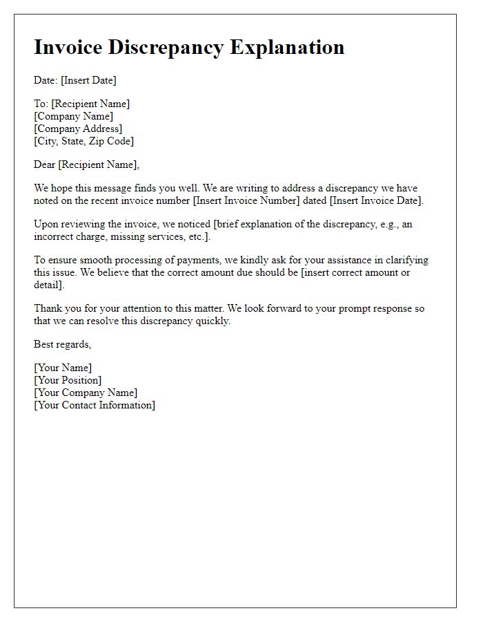 Letter template of explanation for invoice discrepancies.