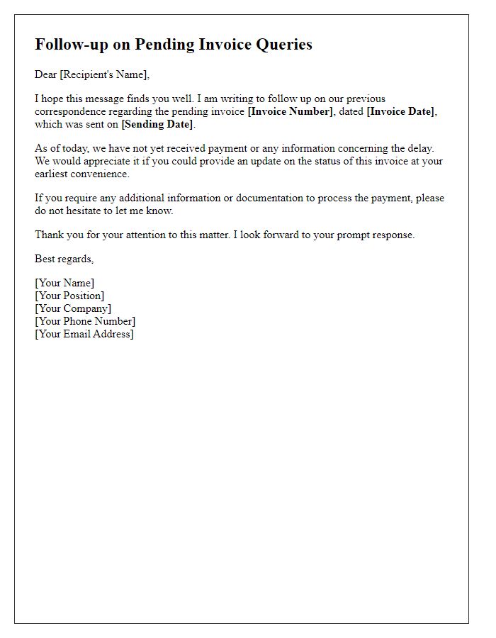 Letter template of follow-up on pending invoice queries.