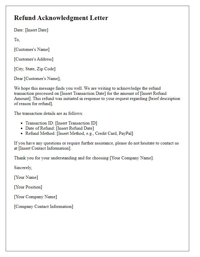 Letter template of Acknowledged Refund Transaction