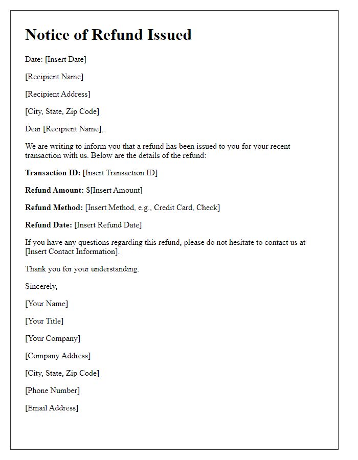 Letter template of Notice of Refund Issued