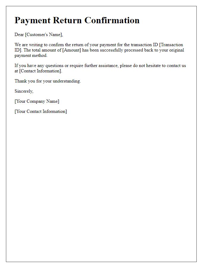 Letter template of Payment Return Confirmation