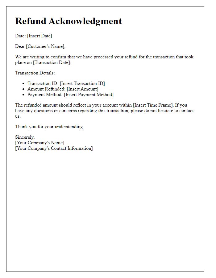 Letter template of Refund Acknowledgment for Transaction