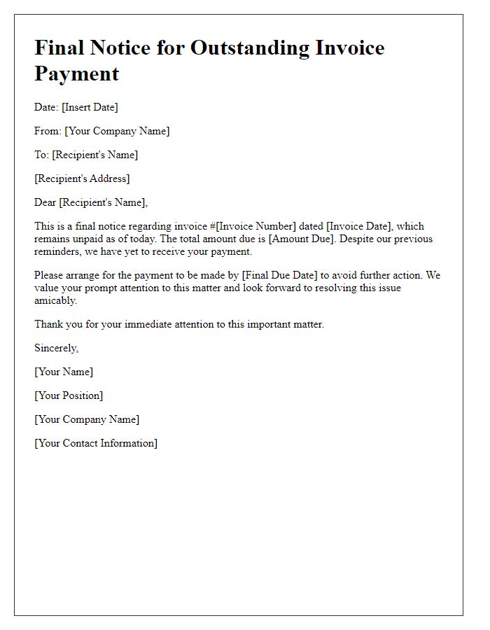 Letter template of final notice for outstanding invoice payment.