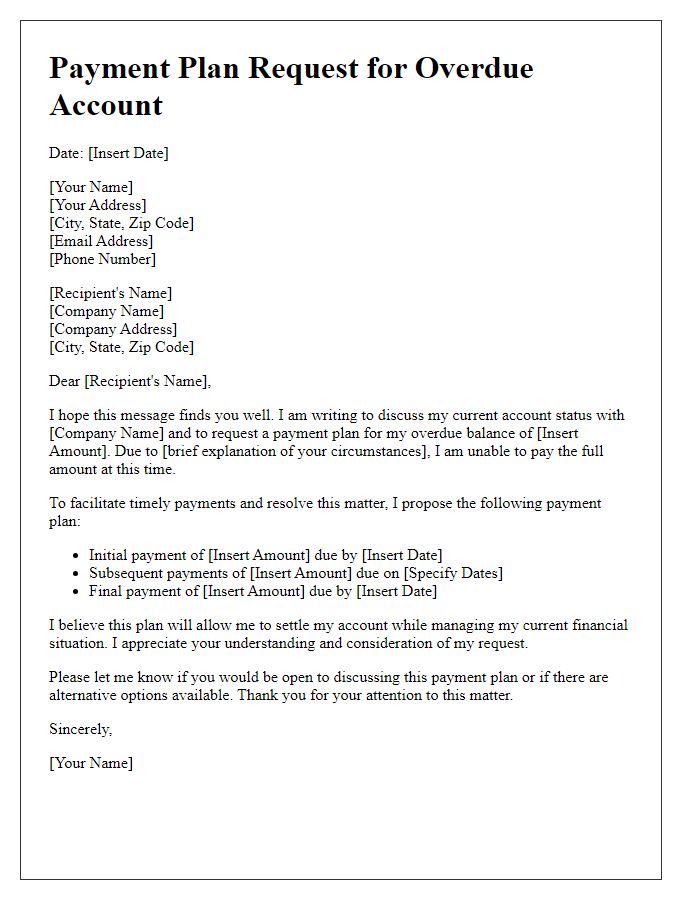 Letter template of payment plan request for overdue accounts.