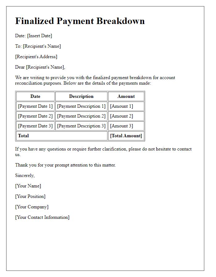 Letter template of finalized payment breakdown for account reconciliation.