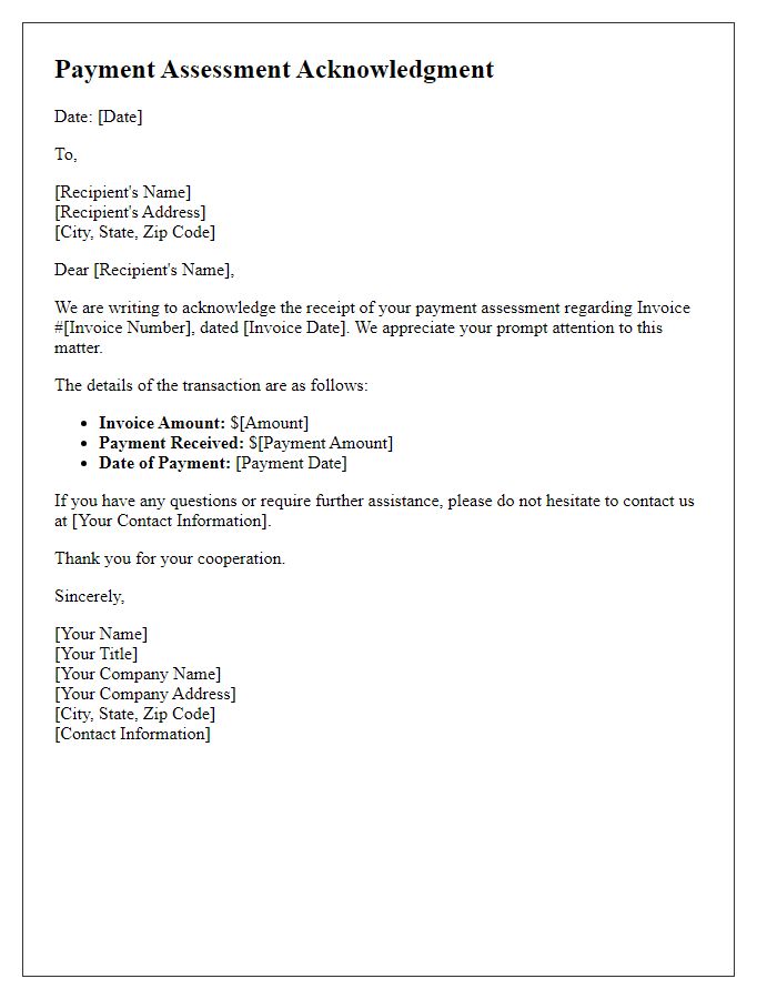 Letter template of payment assessment acknowledgment for invoicing.