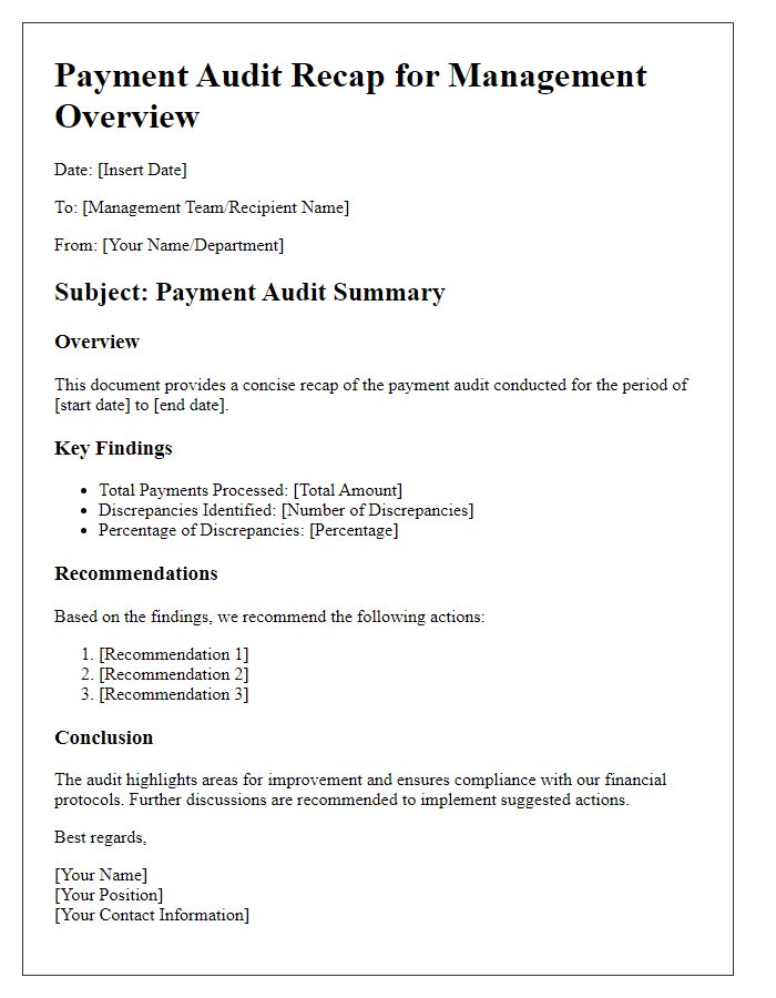 Letter template of payment audit recap for management overview.