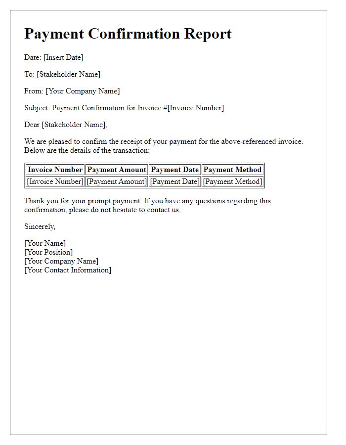 Letter template of payment confirmation report for stakeholder communication.