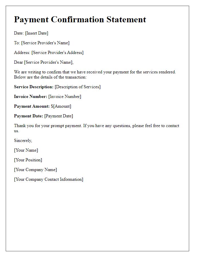 Letter template of payment confirmation statement for service providers.