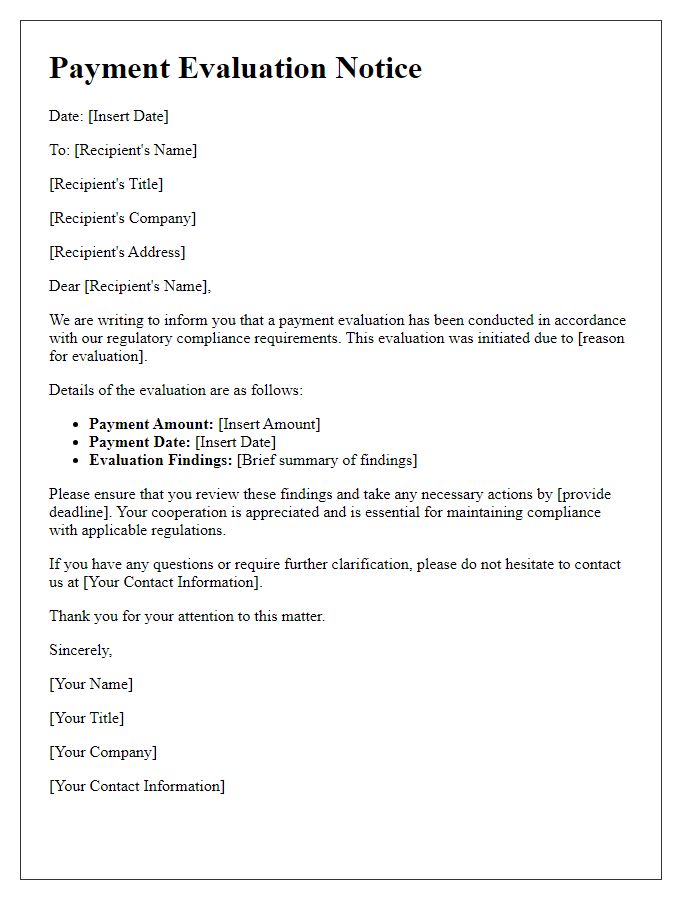 Letter template of payment evaluation notice for regulatory compliance.