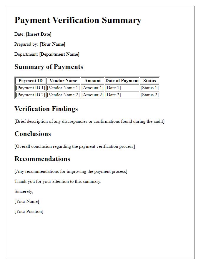 Letter template of payment verification summary for internal auditing.