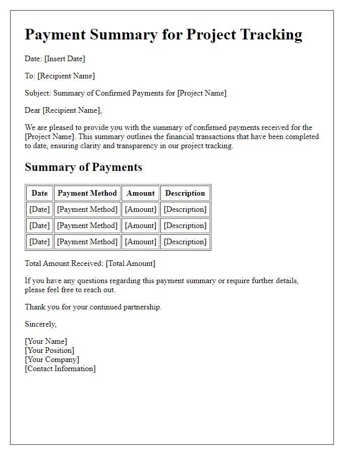 Letter template of summary of confirmed payments for project tracking.