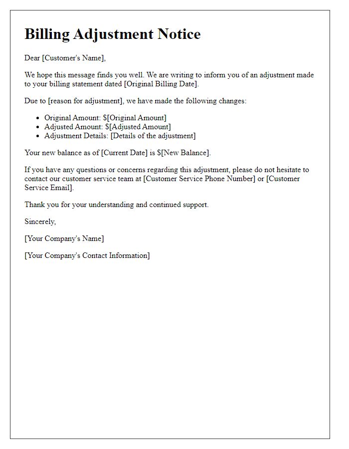 Letter template of billing adjustment notice for customers.