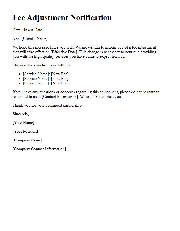 Letter template of fee adjustment notification for client services.