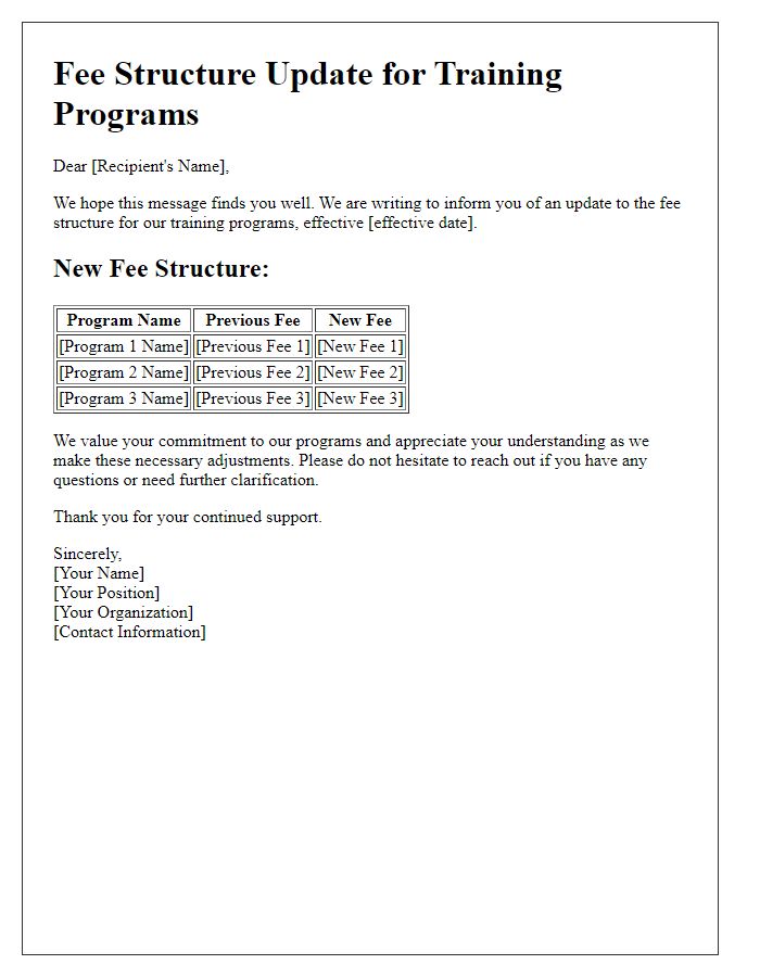 Letter template of fee structure update for training programs.