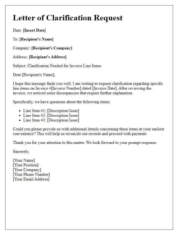 Letter template of Clarification Needed for Invoice Line Items