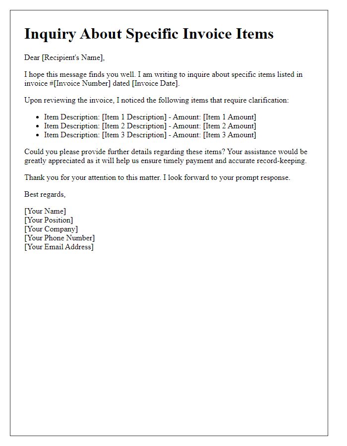 Letter template of Inquiry About Specific Invoice Items