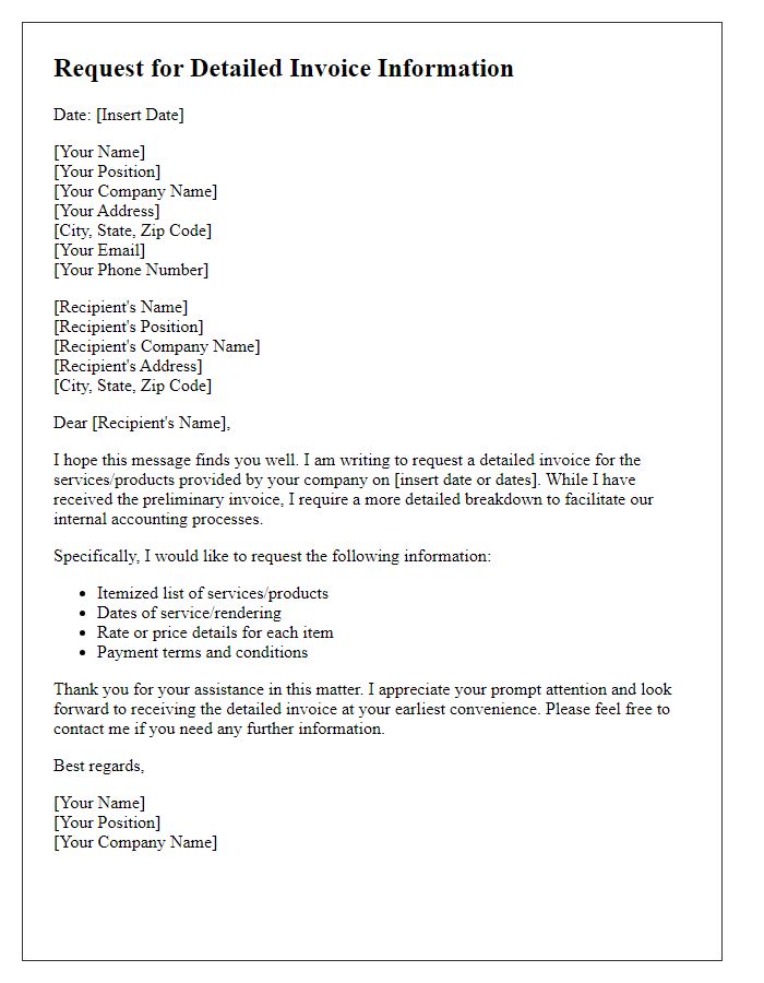 Letter template of Request for Detailed Invoice Information