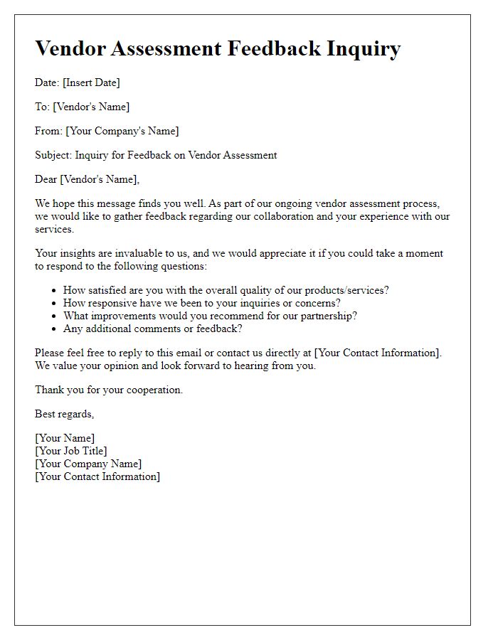 Letter template of vendor assessment feedback inquiry