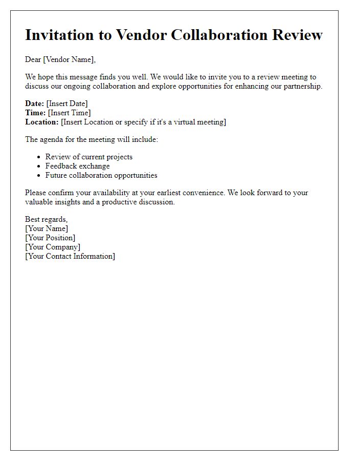 Letter template of vendor collaboration review invitation