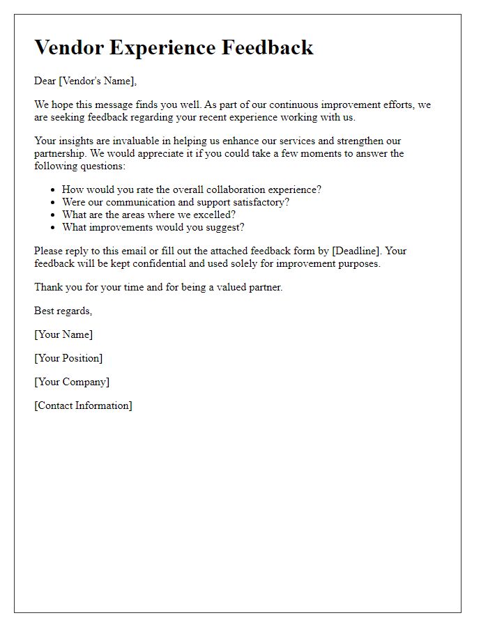 Letter template of vendor experience feedback solicitation