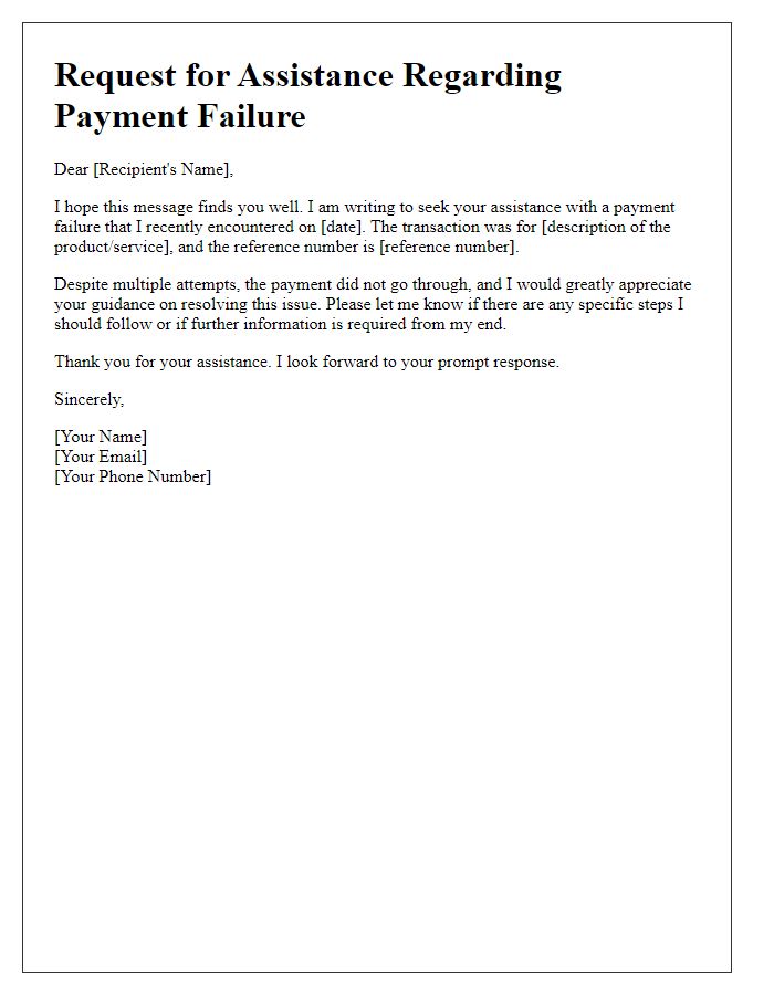 Letter template of assistance required for payment failure.