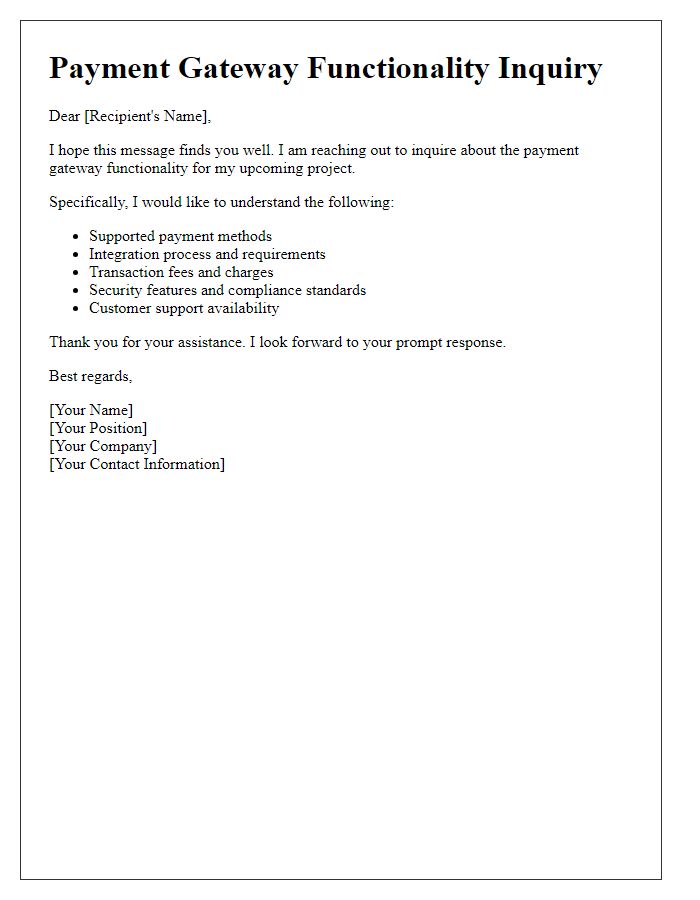 Letter template of payment gateway functionality inquiry.
