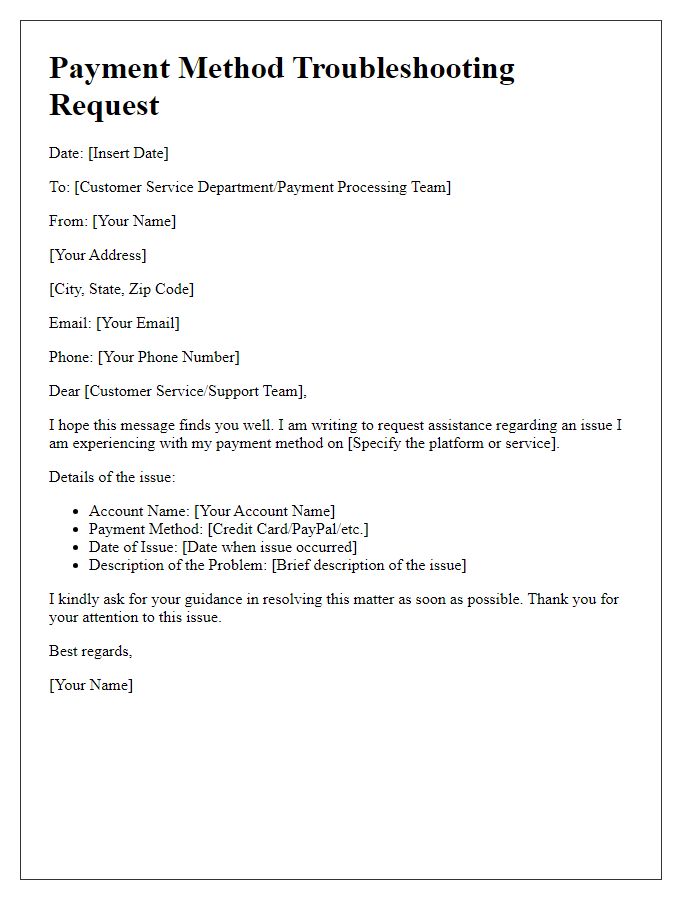 Letter template of payment method troubleshooting request.