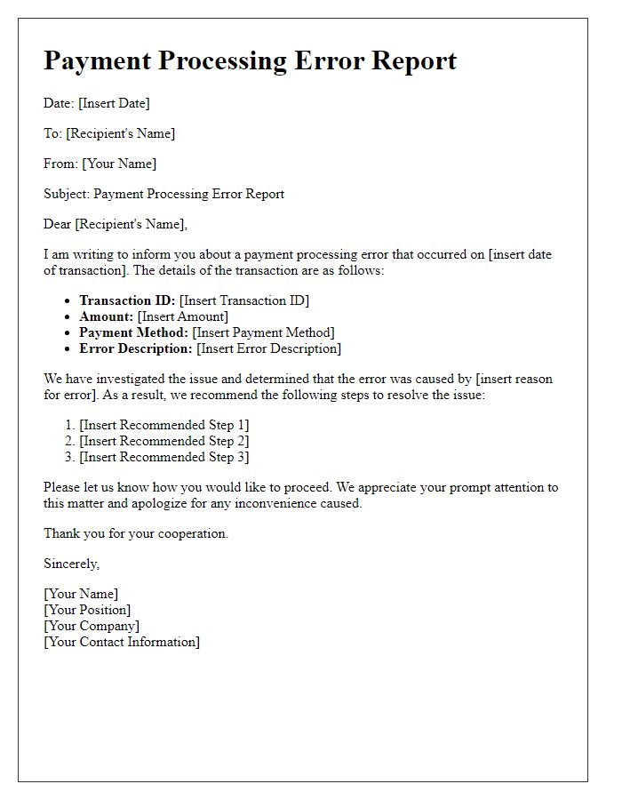 Letter template of payment processing error report.