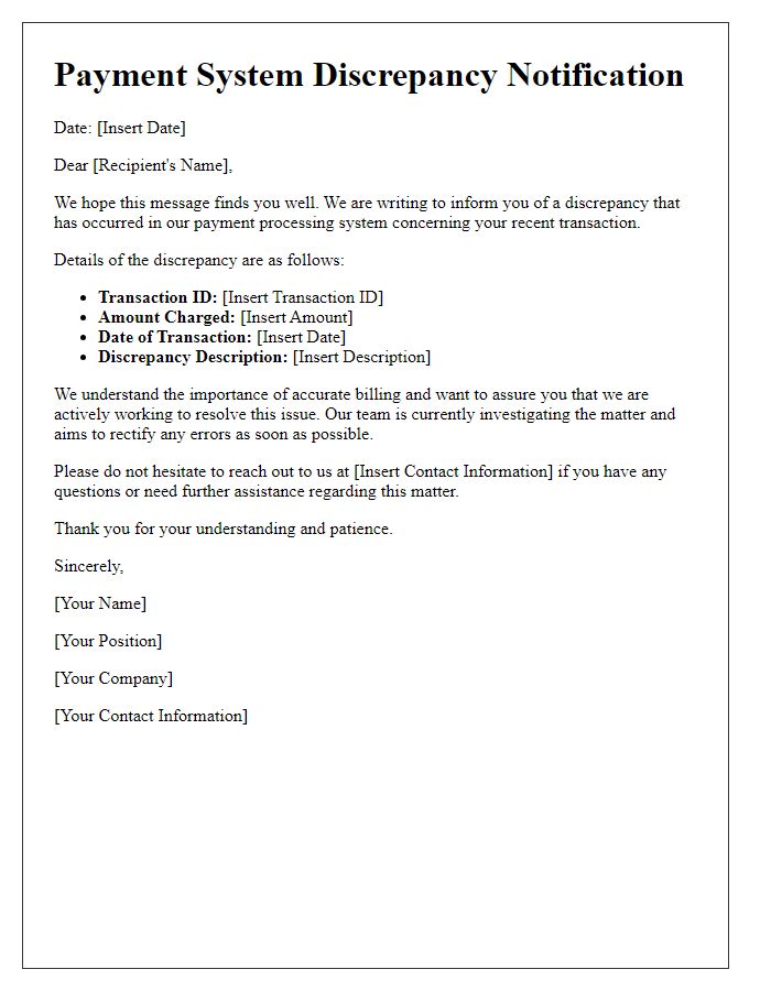 Letter template of payment system discrepancy notification.