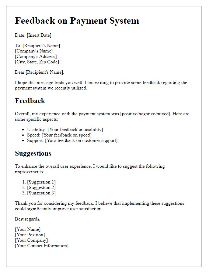 Letter template of payment system feedback and suggestion.