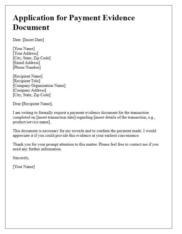 Letter template of application for payment evidence document.