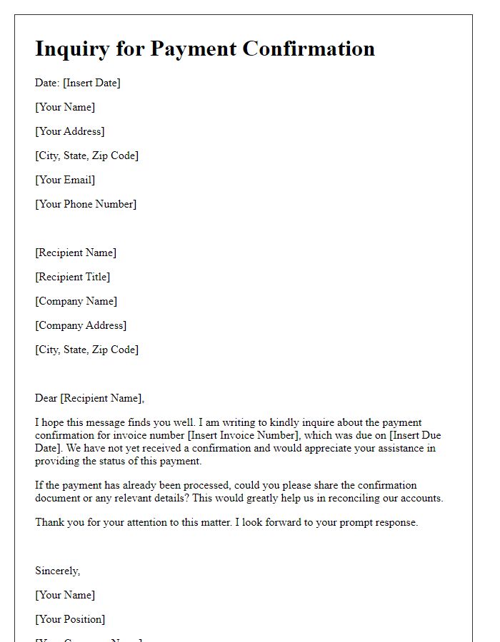 Letter template of inquiry for payment confirmation document.