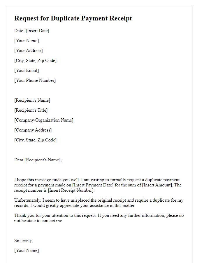 Letter template of request for duplicate payment receipt.