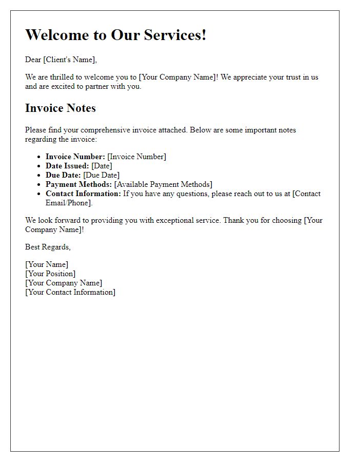 Letter template of client welcome with comprehensive invoice notes.