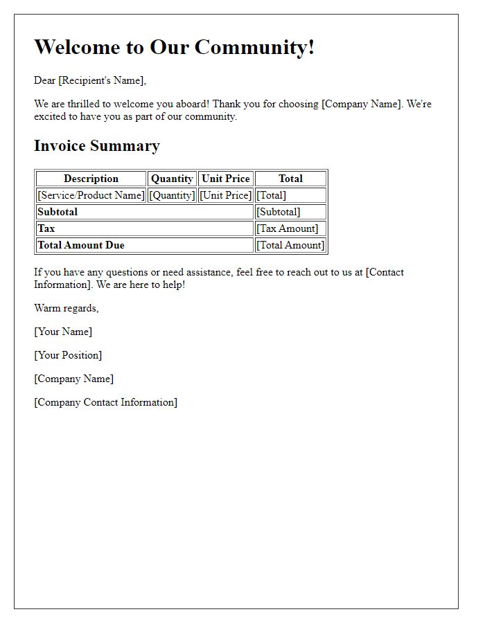 Letter template of friendly welcome including the invoice summary.