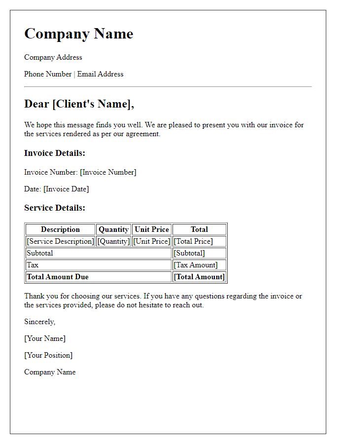 Letter template of initial greetings with invoice and service details.