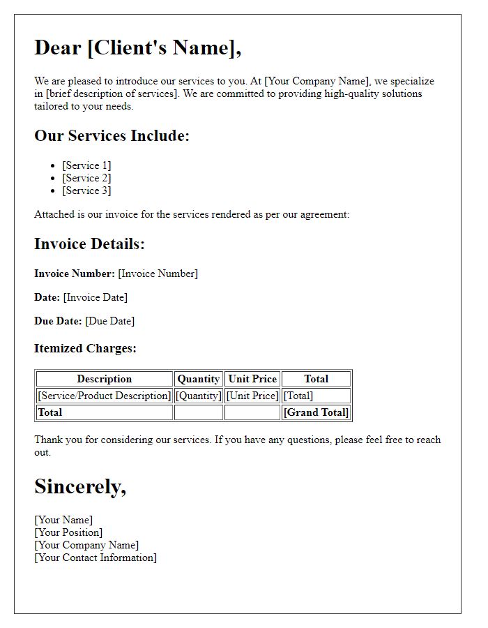 Letter template of introduction and invoice for our services included.