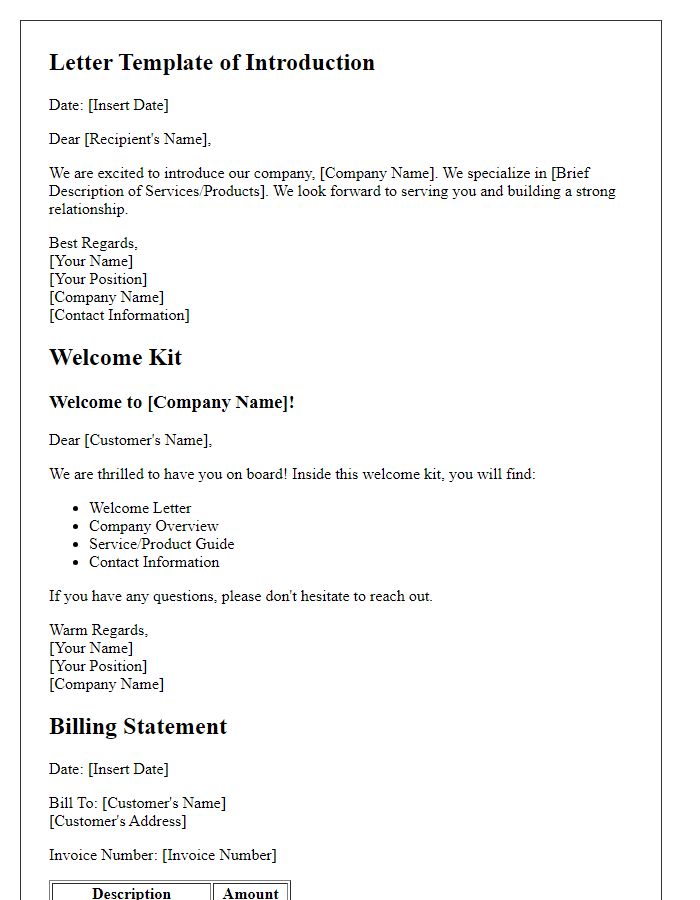 Letter template of introduction, welcome kit, and billing statement.