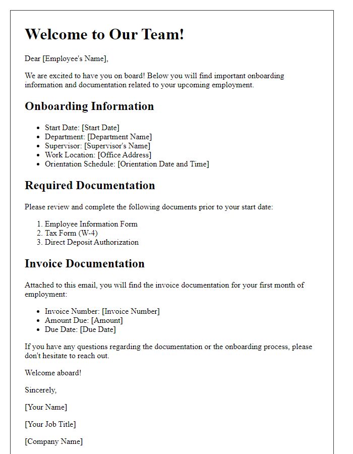 Letter template of onboarding information with invoice documentation.