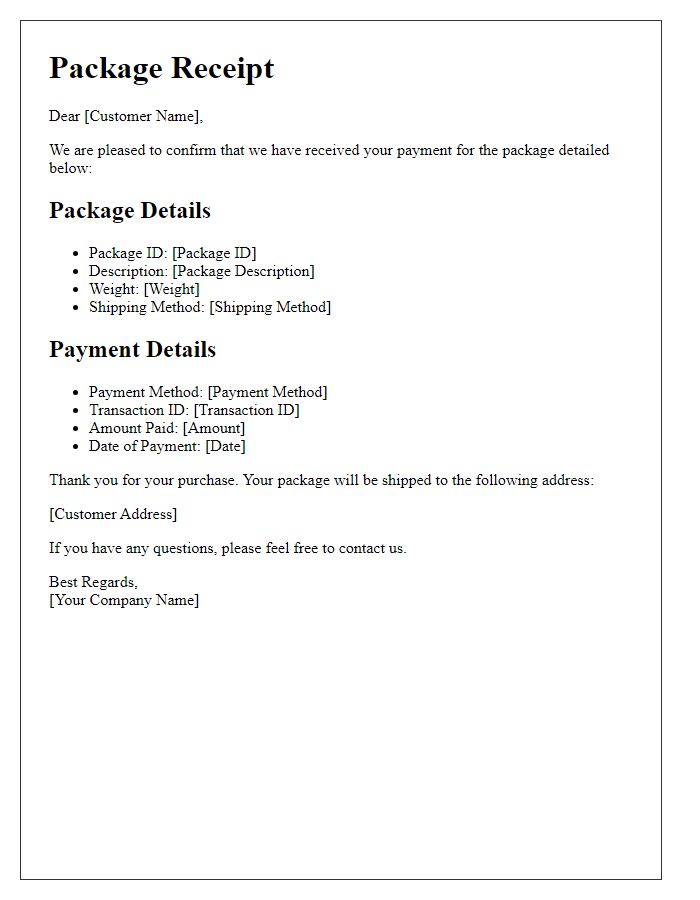 Letter template of package receipt with payment details included.